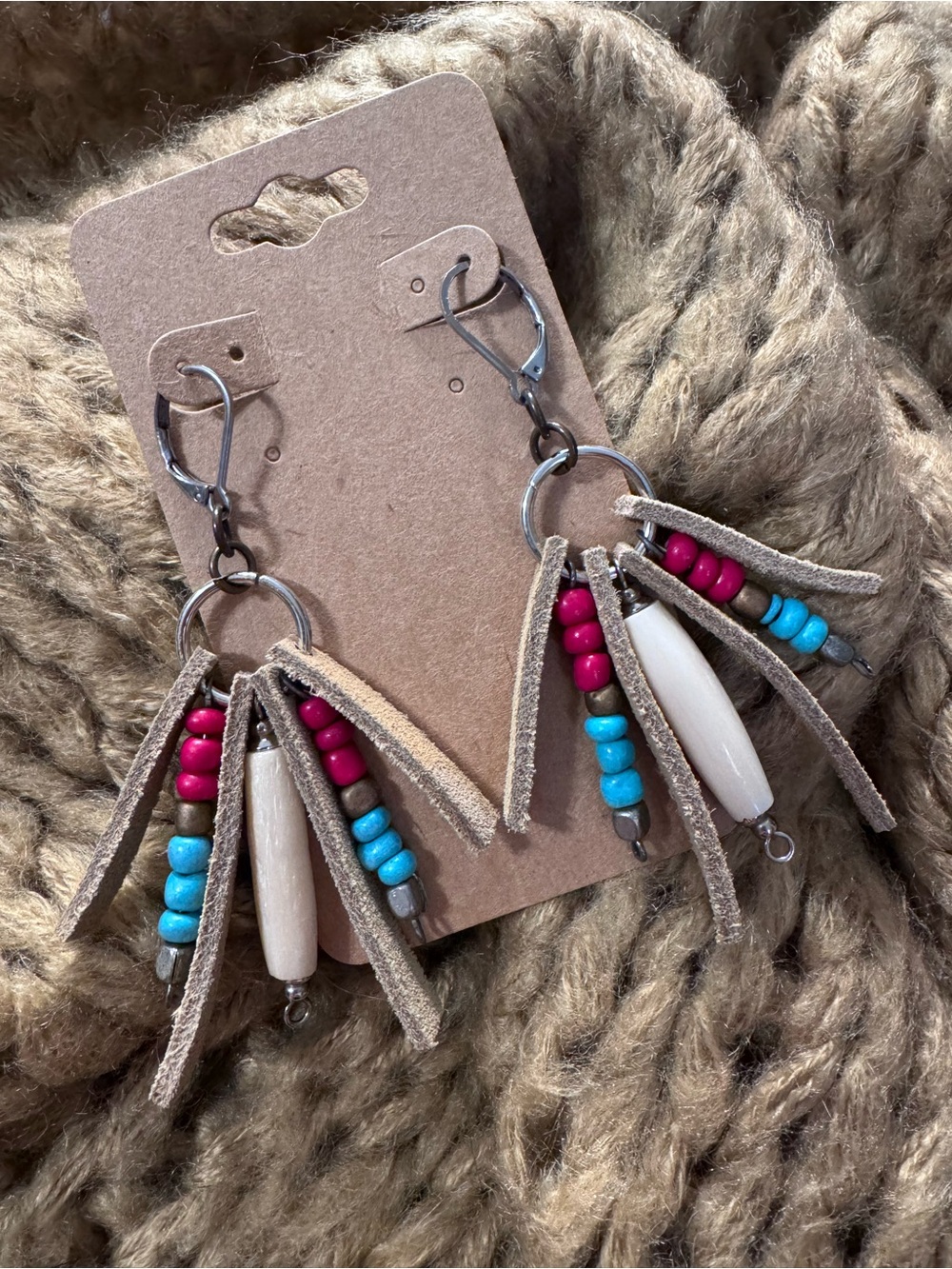 Handmade Beige Suede Tassel Earrings with Red & Turquoise Beads